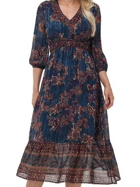Women's Navy Blue Paisley V-Neck Maxi  Dress